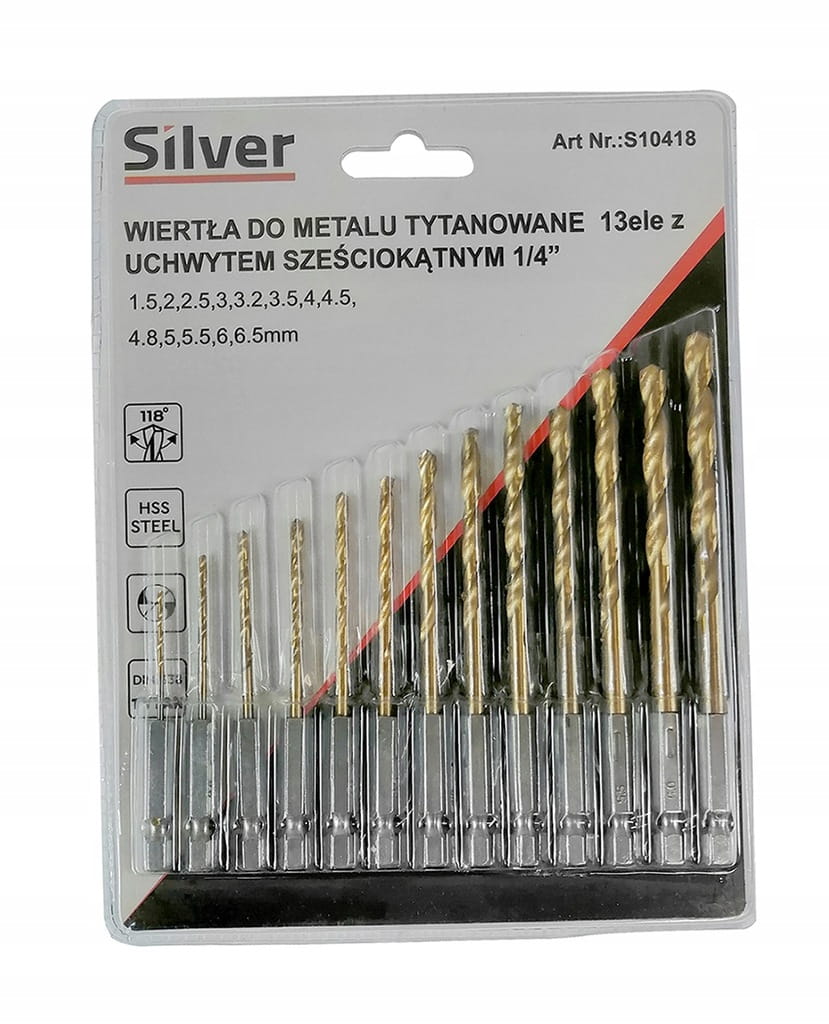 Wiertła DO metalu zestaw 13 HEX HSS 1,5-6,5 Tytan