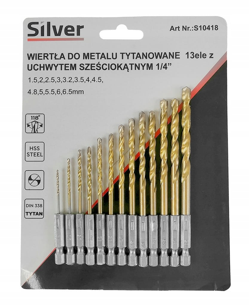 Wiertła DO metalu zestaw 13 HEX HSS 1,5-6,5 Tytan