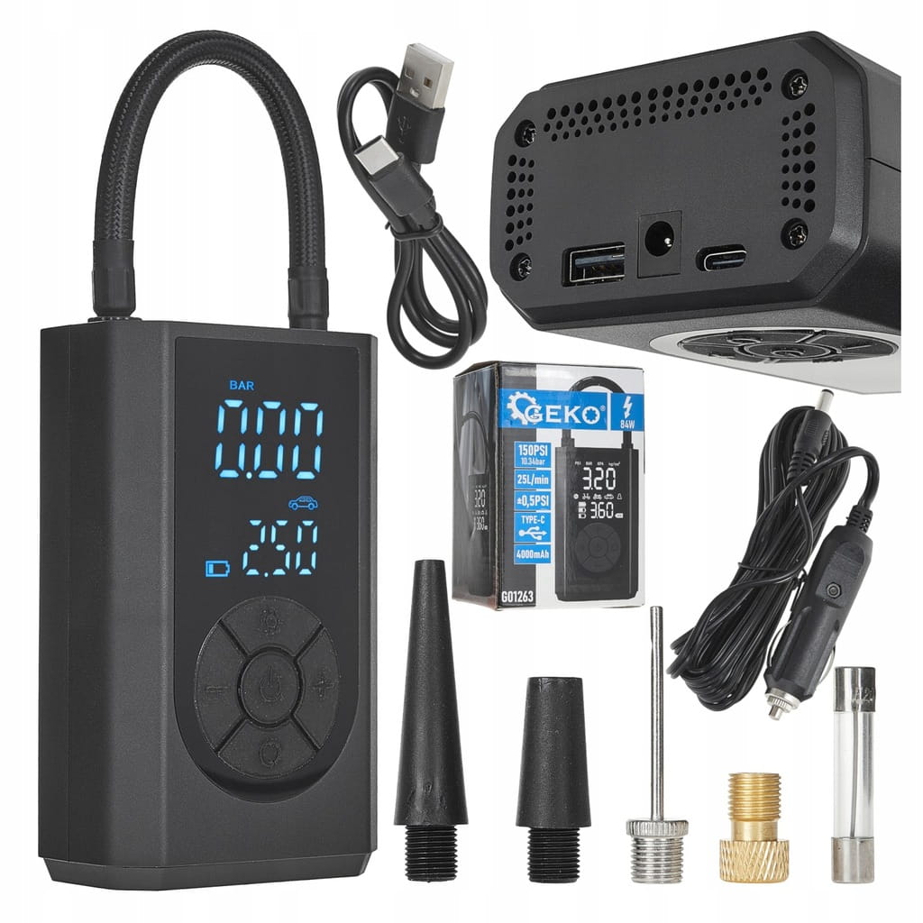KOMPRESOR AKUMULATOROWY ROWEROWY SAMOCHODOWY LED 4000mAh 84W 150PSI GEKO