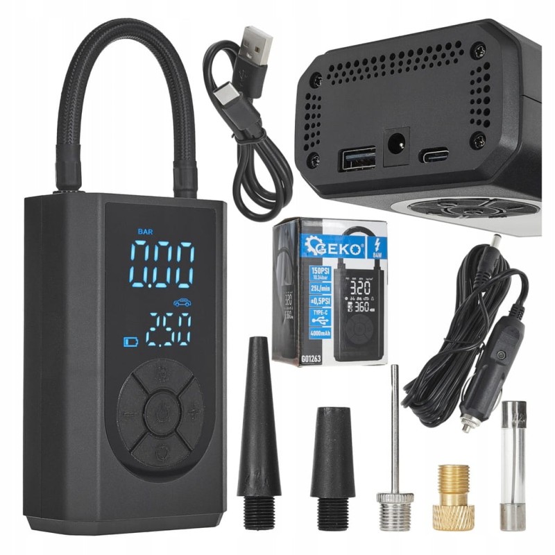 KOMPRESOR AKUMULATOROWY ROWEROWY SAMOCHODOWY LED 4000mAh 84W 150PSI GEKO