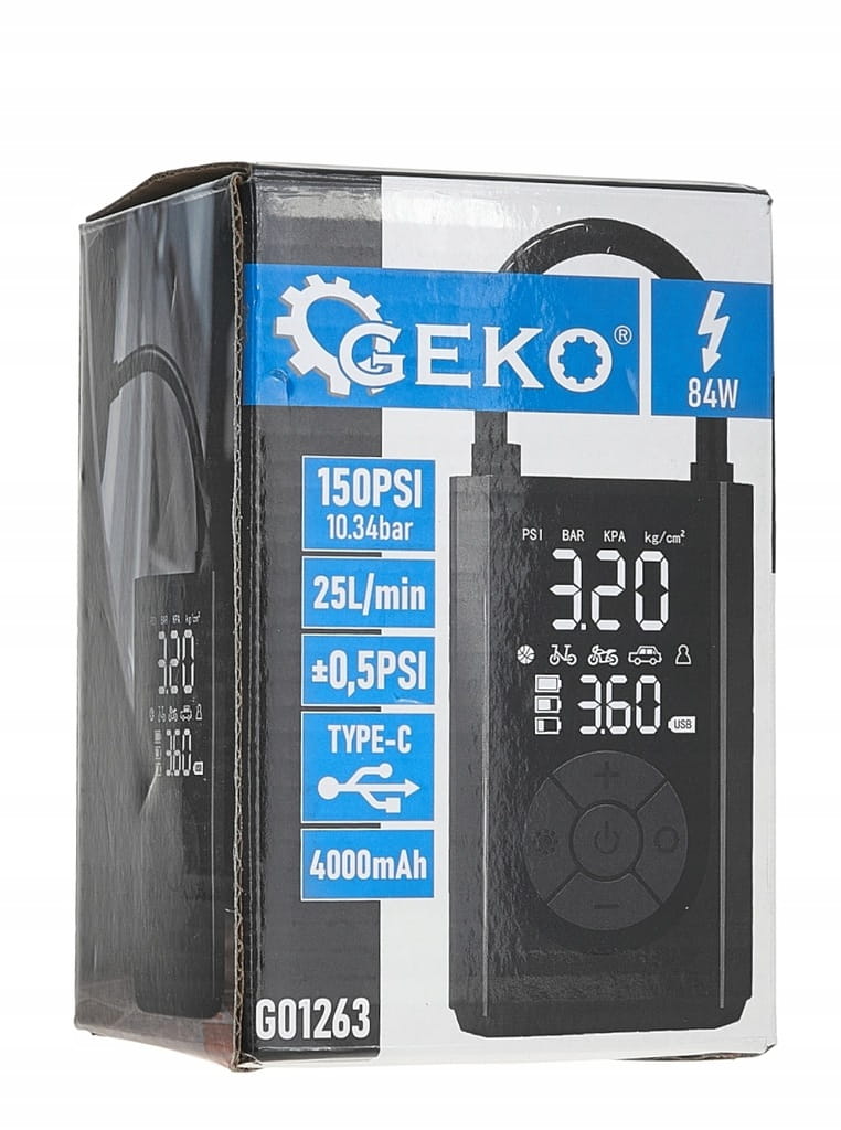 KOMPRESOR AKUMULATOROWY ROWEROWY SAMOCHODOWY LED 4000mAh 84W 150PSI GEKO