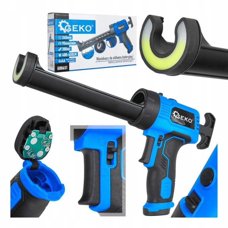 Wyciskacz do silikonu 300 ml mas bateryjny 95 mm/min + LED Geko G00651