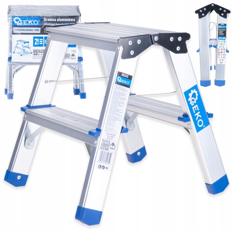 Drabina aluminiowa 2-stopniowa dwustronna 150 kg stołek Geko Profi