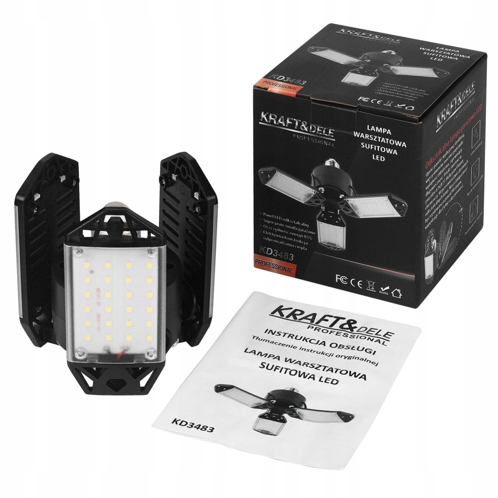 Lampa warsztatowa sufitowa 3 panele składane LED 90° 80W 8500 lm