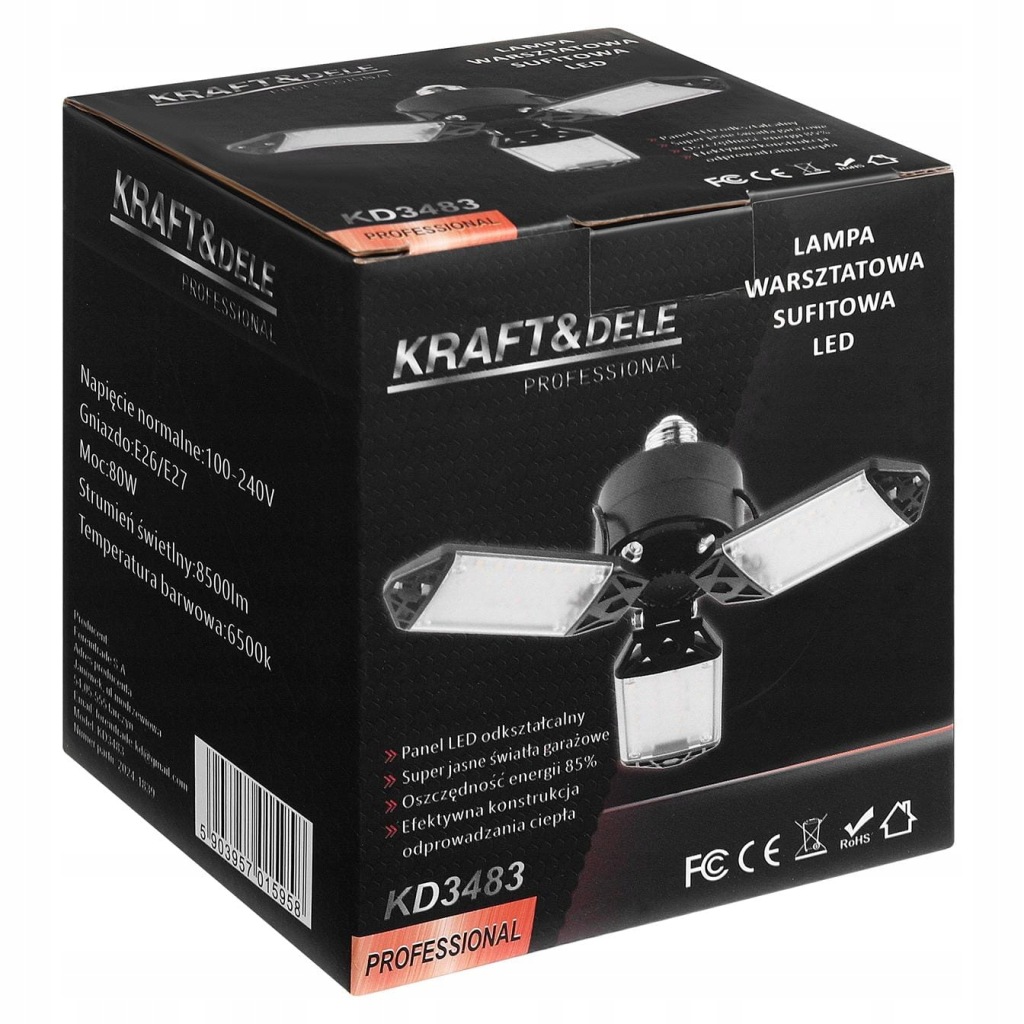 Lampa warsztatowa sufitowa 3 panele składane LED 90° 80W 8500 lm