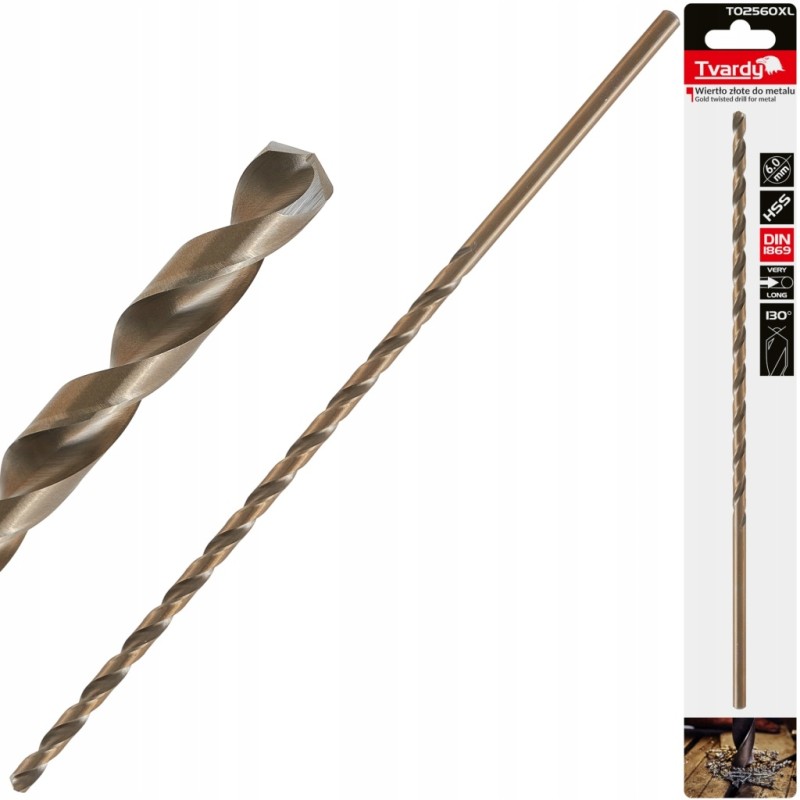 WIERTŁO HSS ZŁOTE DO METALU STALI BARDZO DŁUGIE 6.0MM 260MM DIN1869 TVARDY