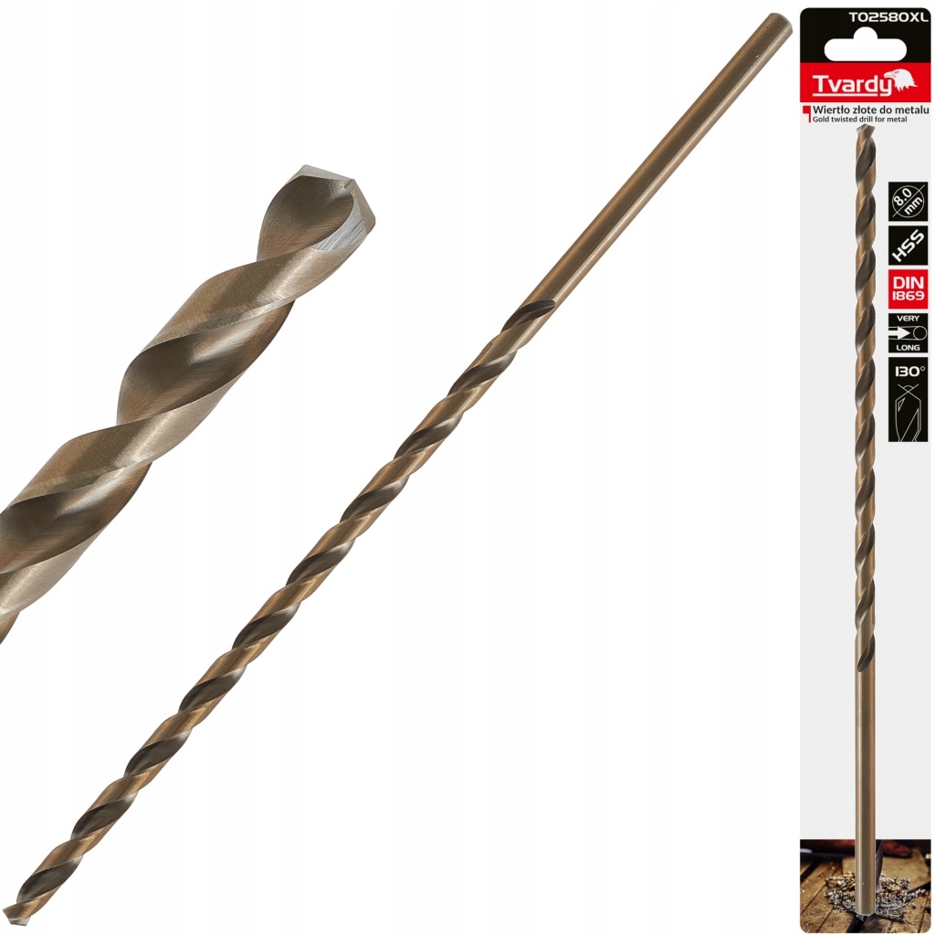 WIERTŁO HSS ZŁOTE DO METALU STALI BARDZO DŁUGIE 8.0MM 305MM DIN1869 TVARDY