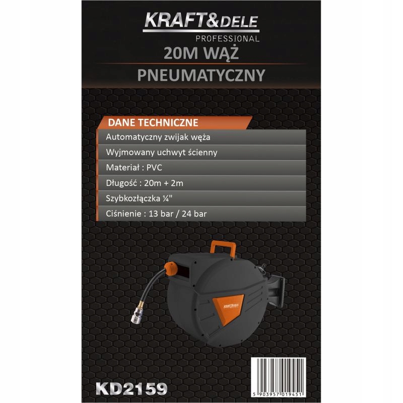 Wąż pneumatyczny zwijany na bębnie 20m + 2m 1/4" KD2159